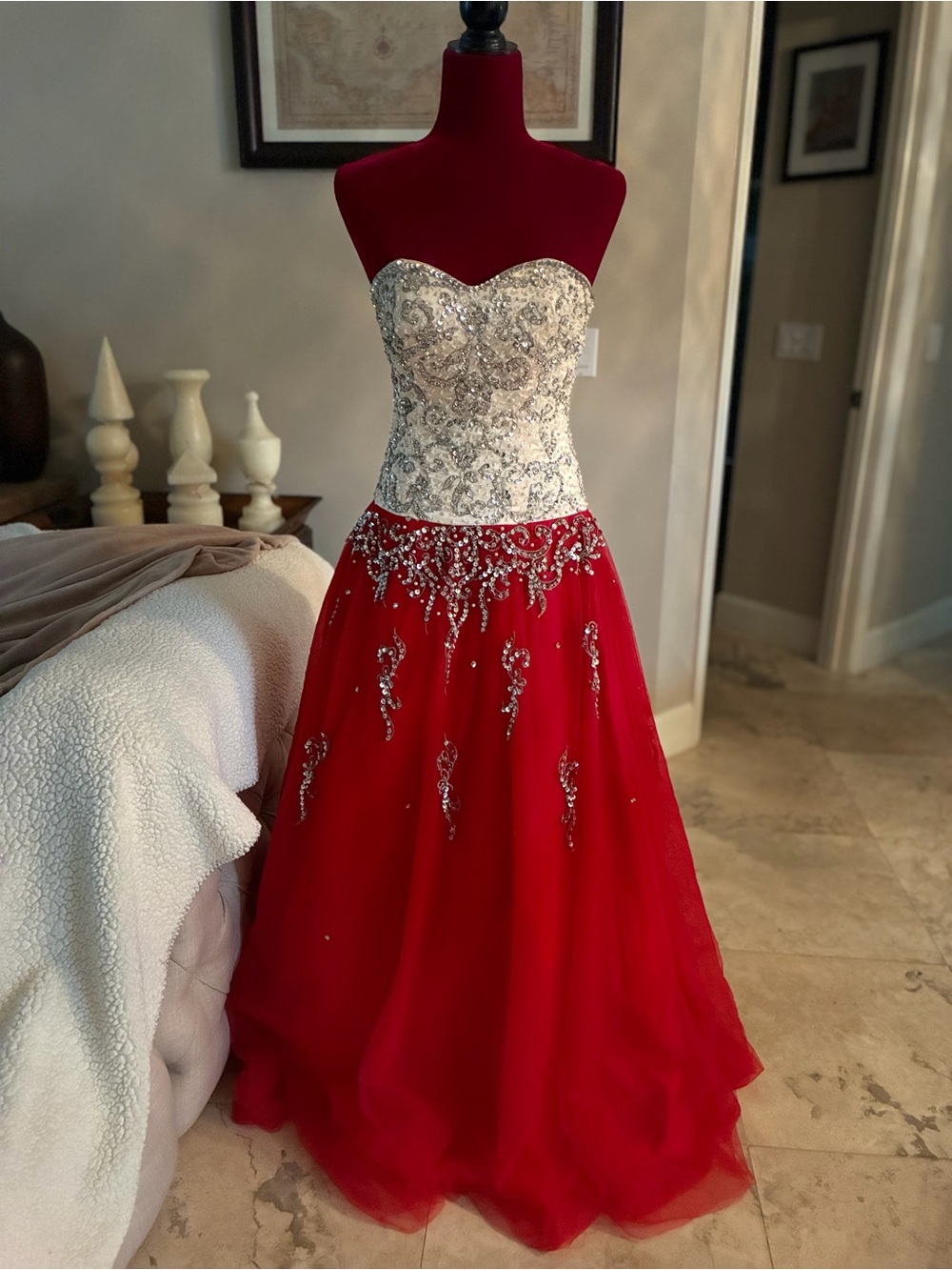 Mori Lee Design “Paparazzi” Crystal Beaded Tulle Gown w/ Fur Shawl